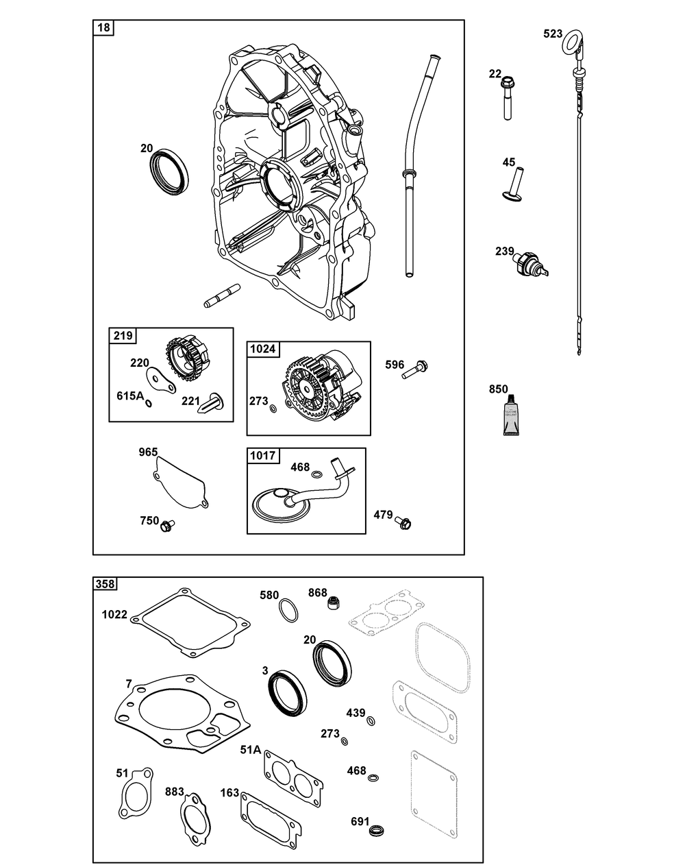 Crankcase Cover/Sump Group Diagram and Parts List for 542477-2229-J1 400000 - 699999 Briggs and Stratton Engine